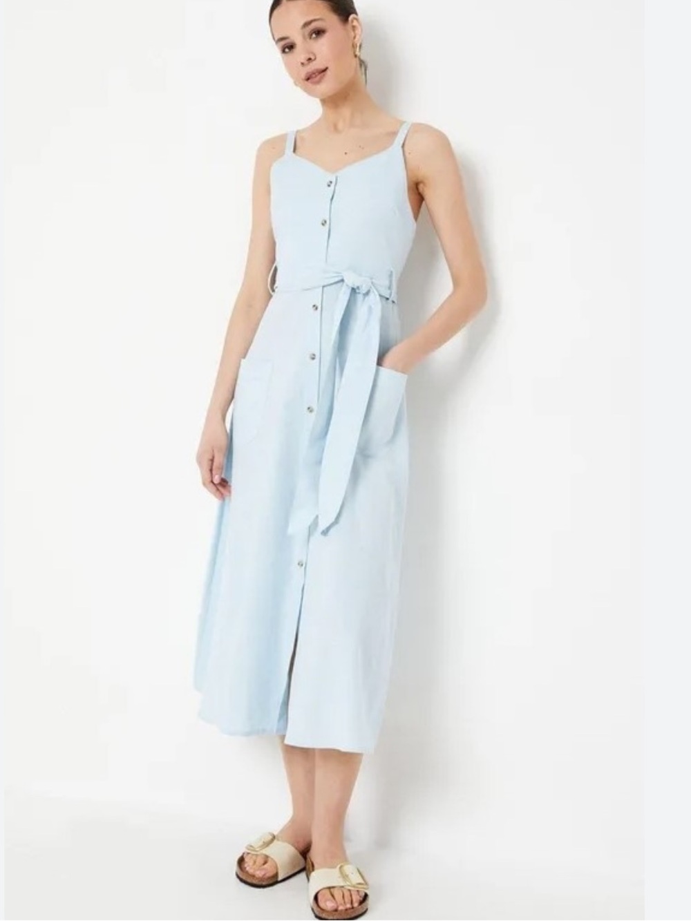 Light Blue Maxi Tie-Waist Button Dress